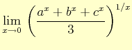 $ \displaystyle{\lim_{x\to 0}} \left(\dfrac{a^{x}+b^{x}+c^{x}}{3}\right)^{1/x}$