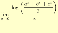 $\displaystyle \lim_{x\to 0}  \dfrac{\log\left(\dfrac{a^{x}+b^{x}+c^{x}}{3}\right)}{x}$