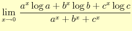 $\displaystyle \lim_{x\to 0} \dfrac{a^{x}\log a+ b^{x}\log b+ c^{x}\log c}{a^{x}+b^{x}+c^{x}}$